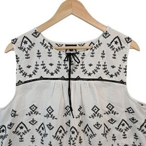 Talbots Tank Top Linen blend Boho Floral Embroidery Scallop Hem Black White XL